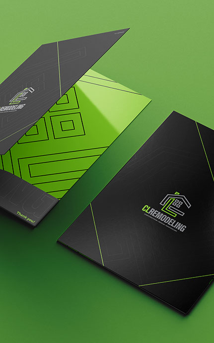 Custom folder design for CL Remodeling with a sleek black and green geometric pattern and company branding. Tailored Logo Design Branding and Graphic Design in Los Angeles.