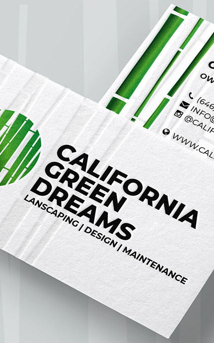 California Green Dreams business card with a modern green bamboo circle logo and bold black text.