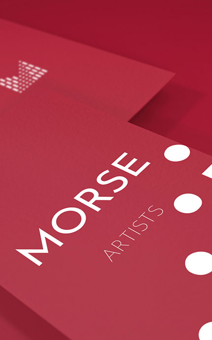 Bold red branding for Morse Artists featuring minimalist typography and circular design elements. Tailored Logo Design Branding and Graphic Design in Los Angeles.
