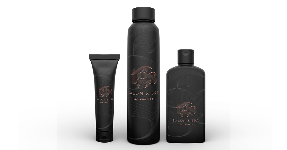 Elegant black packaging with copper accents for a luxury salon and spa in Los Angeles.