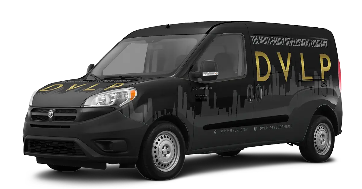 DVLP black branded van with golden text and a cityscape silhouette, designed for a multi-family development company.