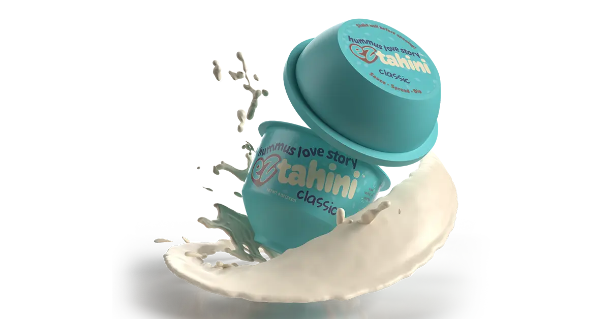 EZ Tahini classic flavor packaging in a teal color with a dynamic splash effect in the background.