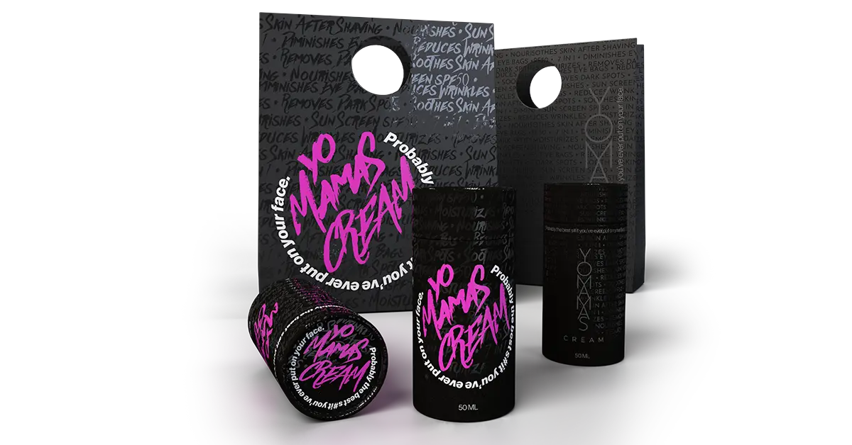 Bold skincare packaging design for Yomama’s Cream featuring edgy black and pink typography with sleek branding elements.