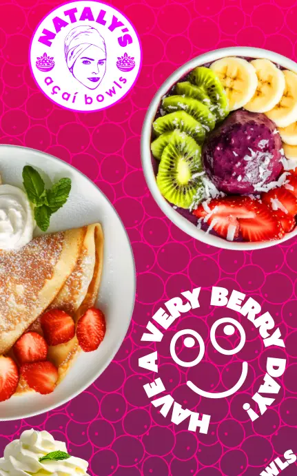 Bright and playful poster design for Nataly’s Acai with a vibrant pink background and fresh fruit bowls.