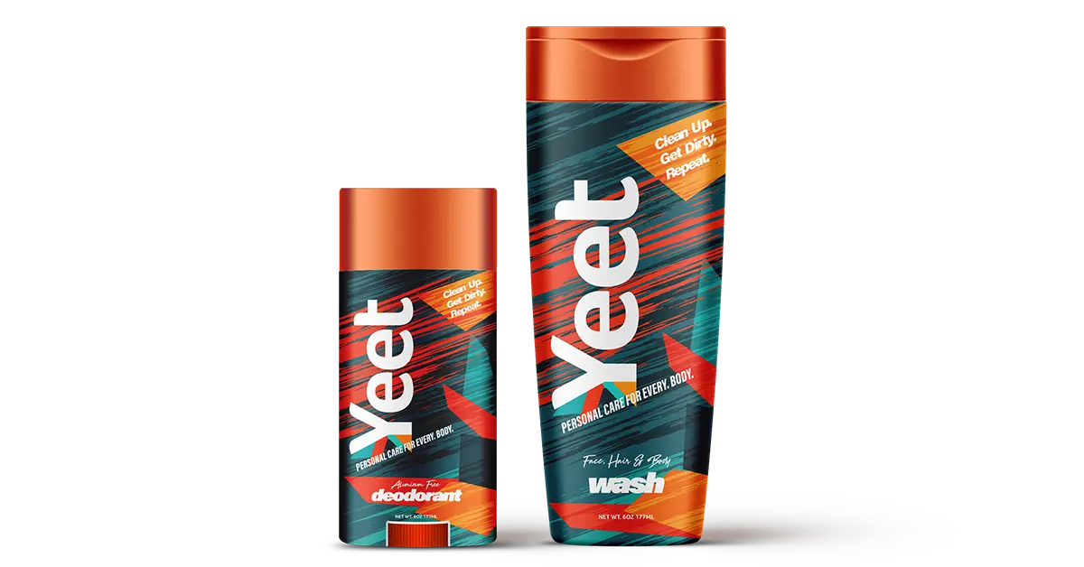 Dynamic packaging design for Yeet personal care products, featuring bold colors, modern typography, and an energetic design.
