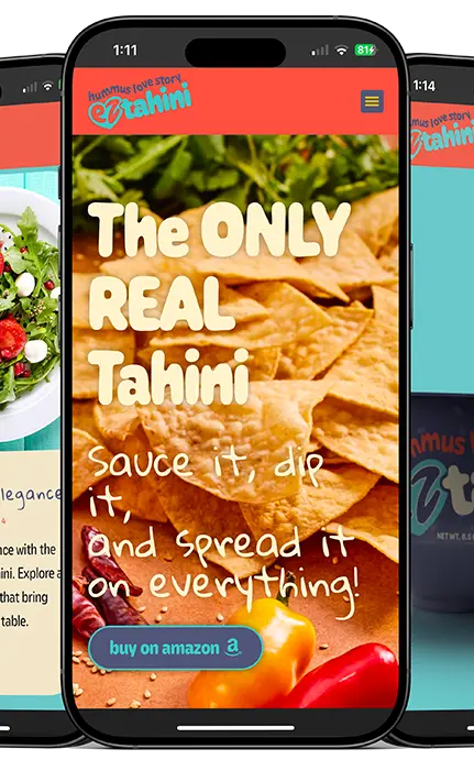 EZ Tahini mobile website featuring gourmet tahini products and vibrant recipes.