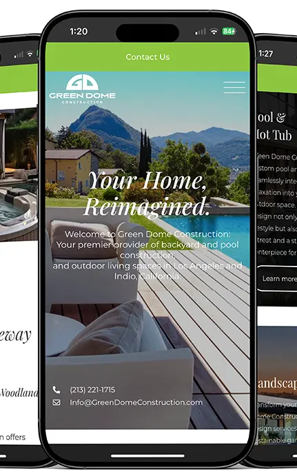 Green Dome Construction mobile site showcasing outdoor and custom driveway solutions.