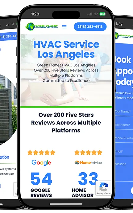 Green Planet HVAC mobile website showcasing services, reviews, and appointments.