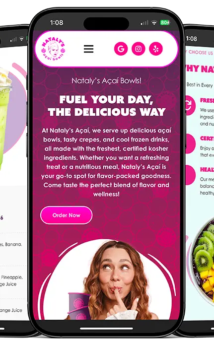 Nataly’s Açaí mobile website with smoothie options, menu details, and ordering.