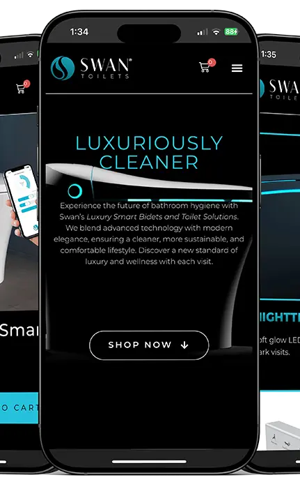 Swan Toilets mobile website featuring luxury smart toilet solutions and shop options.