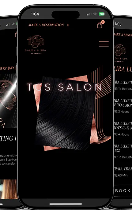 TGS Salon mobile website showcasing luxury hair care treatments and booking options.