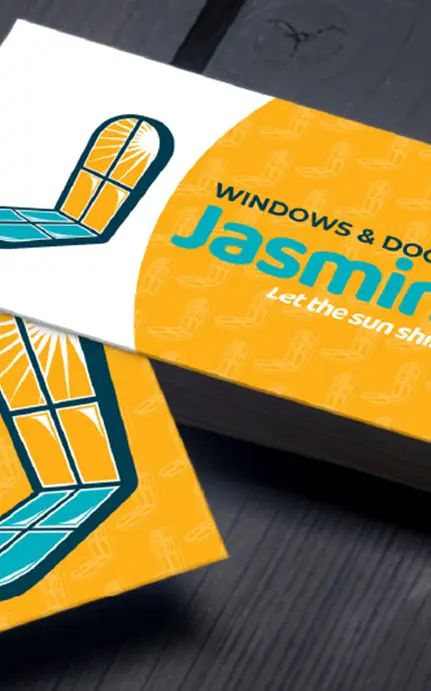 Bright business card design for Jasmin Windows & Doors featuring a sunlit window logo and bold typography.