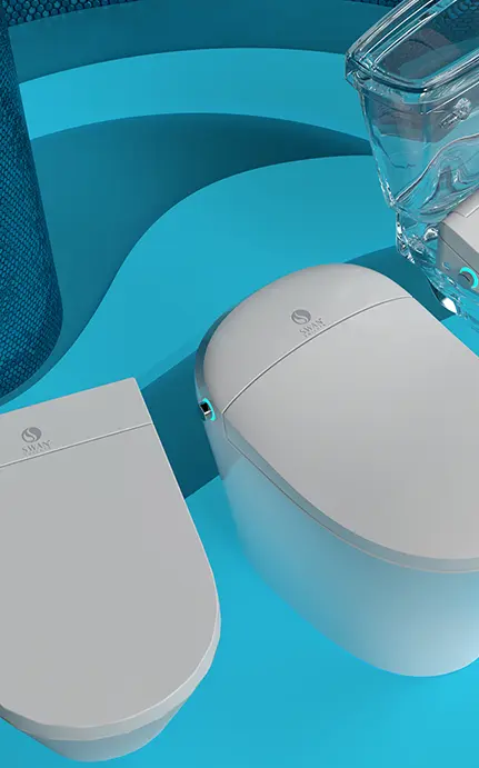 Modern product showcase for Swan luxury toilets with sleek white designs and a vibrant blue backdrop.